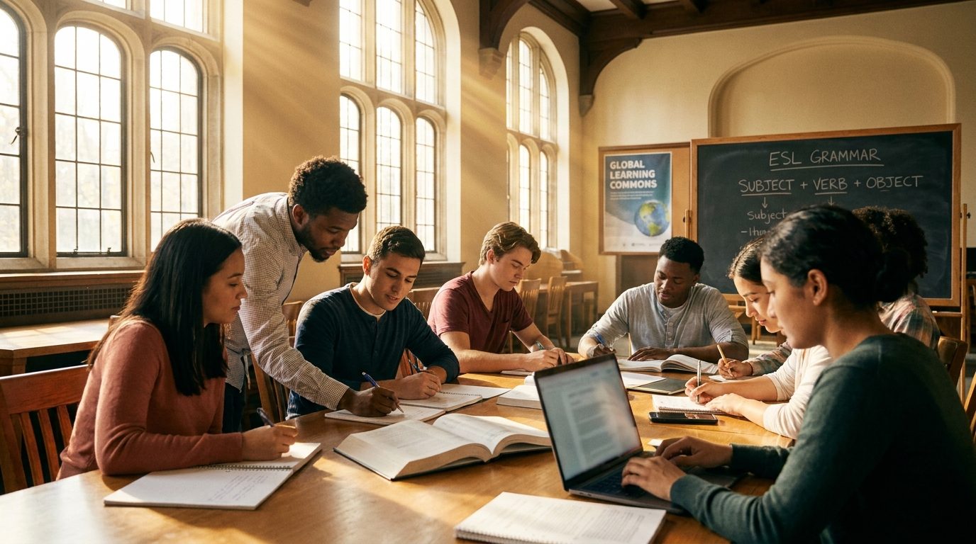 Diverse group of college students studying together at a library table