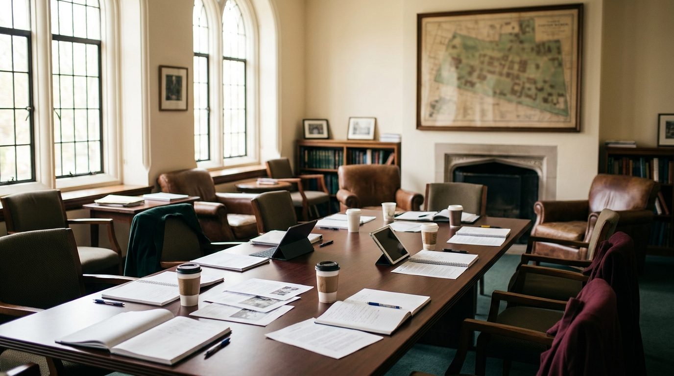 Faculty meeting room with policy documents