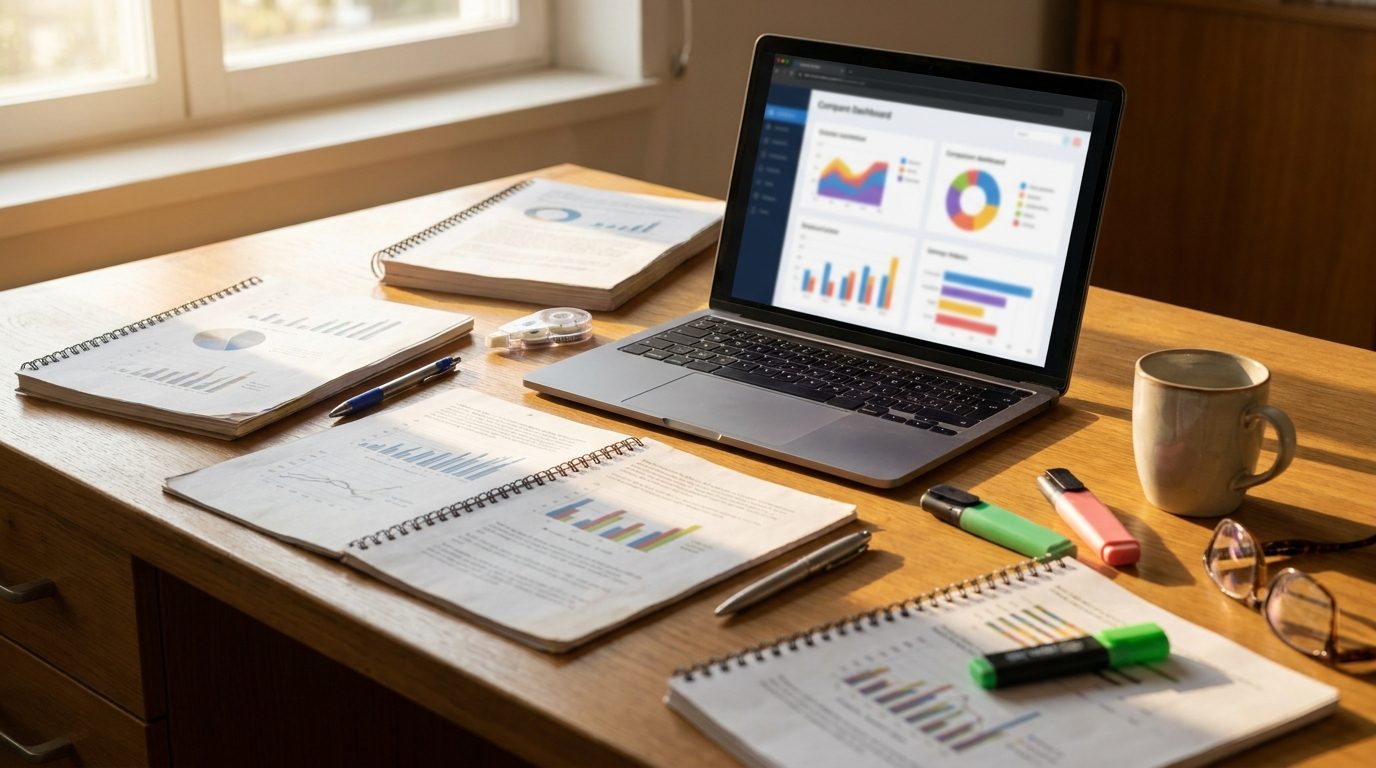 Teacher's desk with multiple printed AI detector reports laid out for comparison