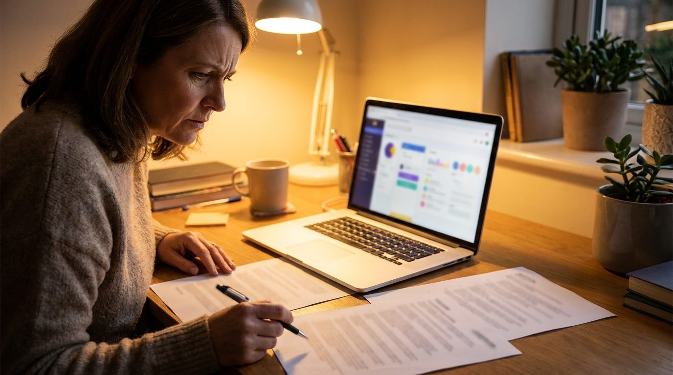 Teacher comparing printed plagiarism reports