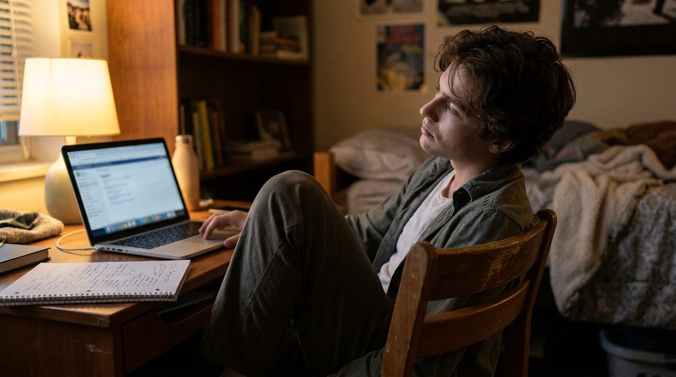 Student at a desk with a laptop, contemplative posture, late-evening lamp lighting