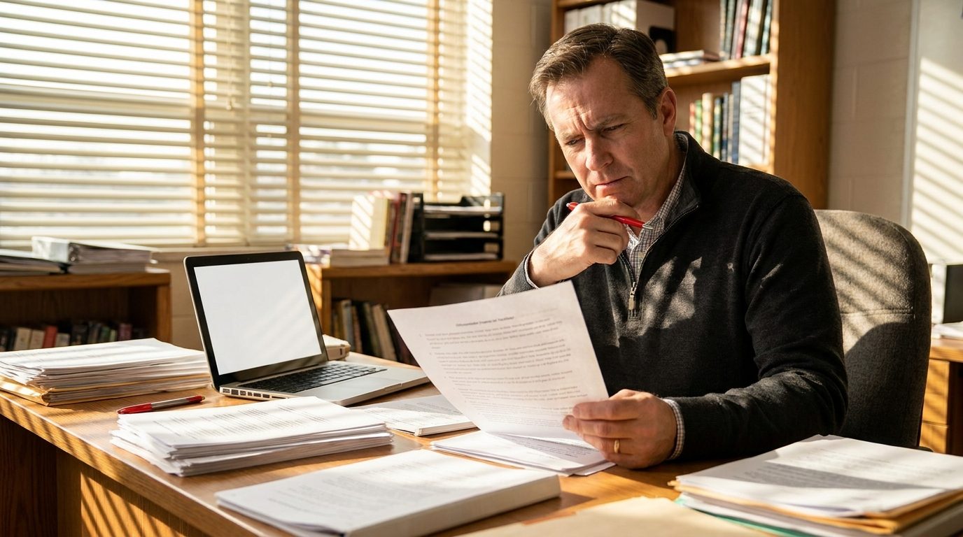 Teacher at a desk reading a printed student essay with a red pen