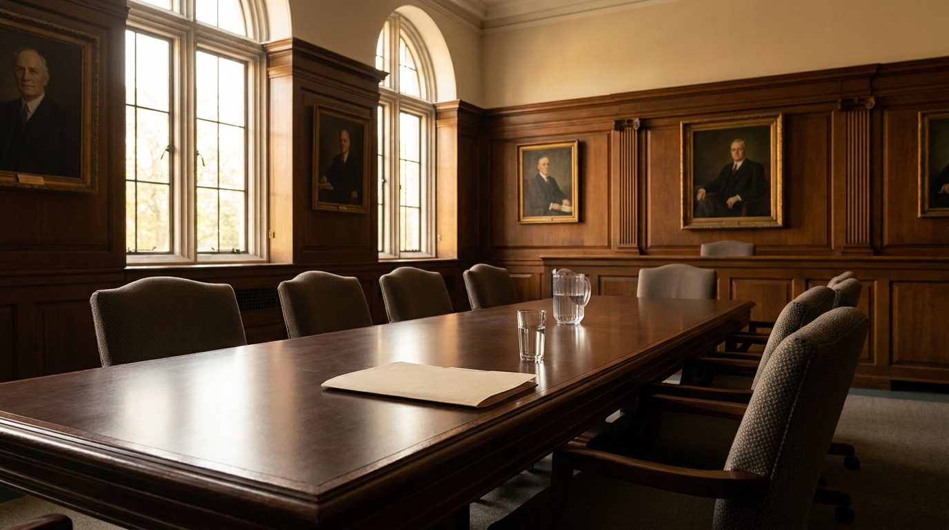 Empty academic integrity hearing room with chairs and a closed folder on the table