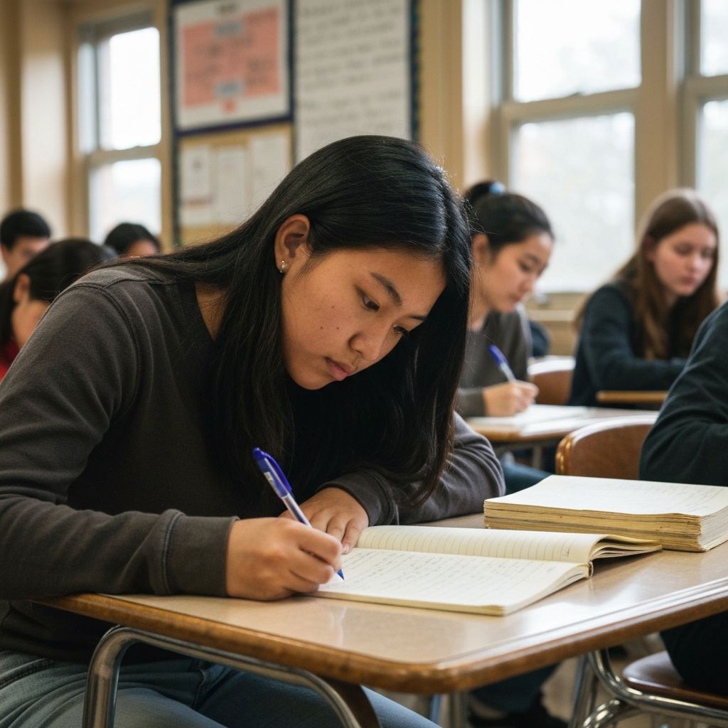 Student writing in a notebook at a classroom desk