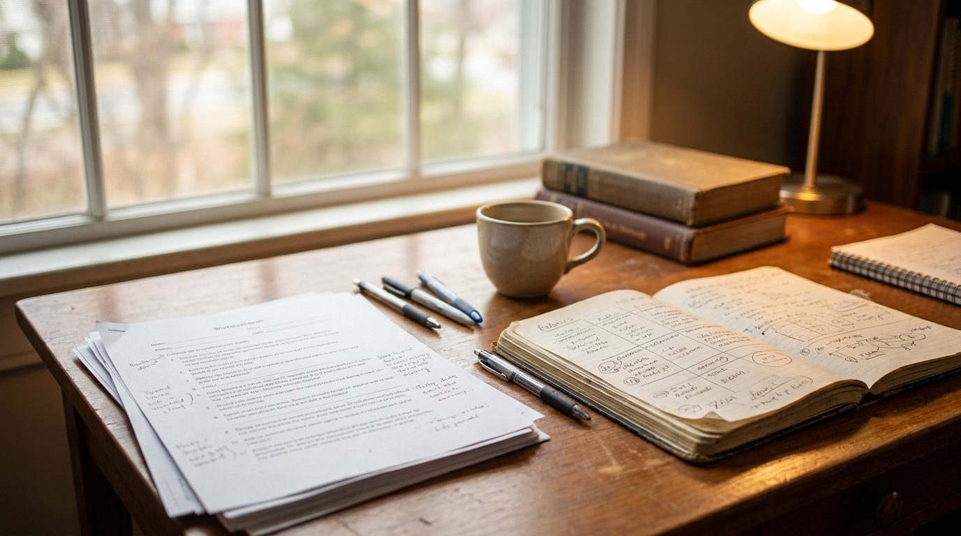 Teacher's desk with handwritten assignment drafts, rubric notes, and a coffee cup
