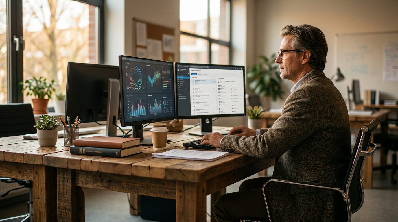 University instructor working in Brightspace on dual monitors