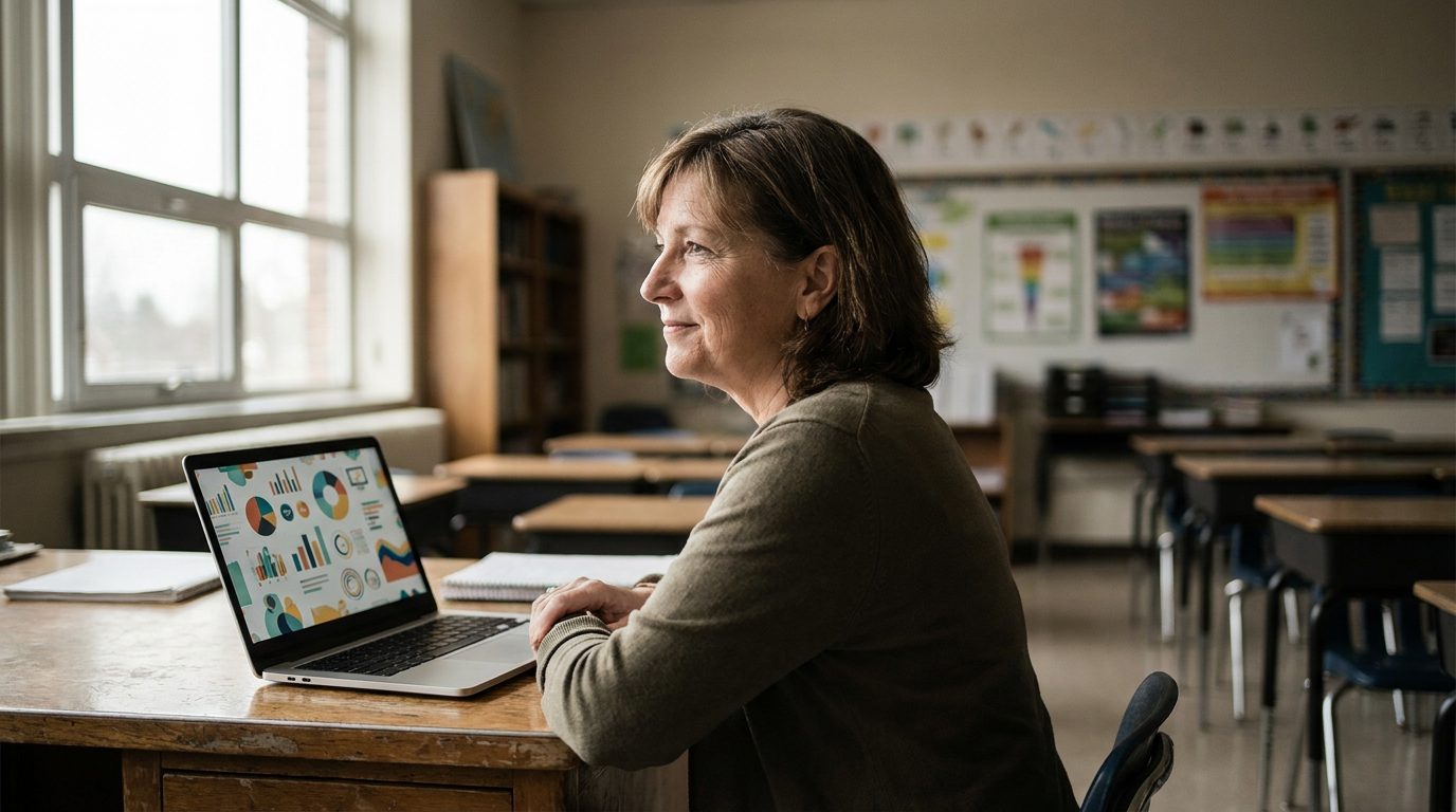 Middle school teacher reviewing Schoology assignments on a laptop
