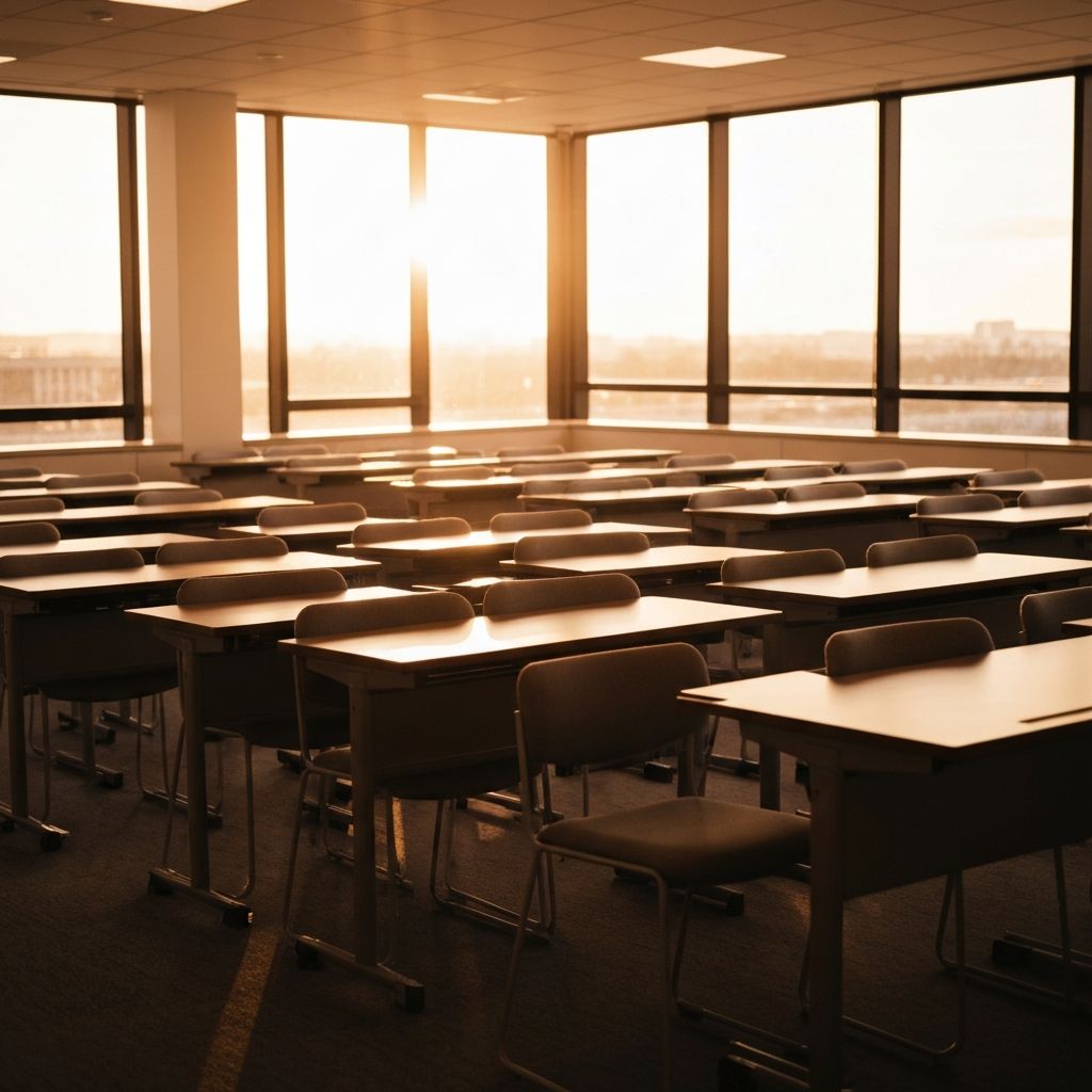 Peaceful classroom at golden hour, inviting educators to connect