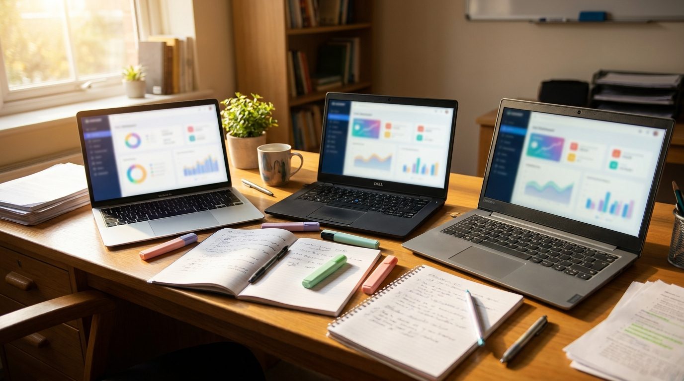 Three laptops on a desk showing different free detector interfaces