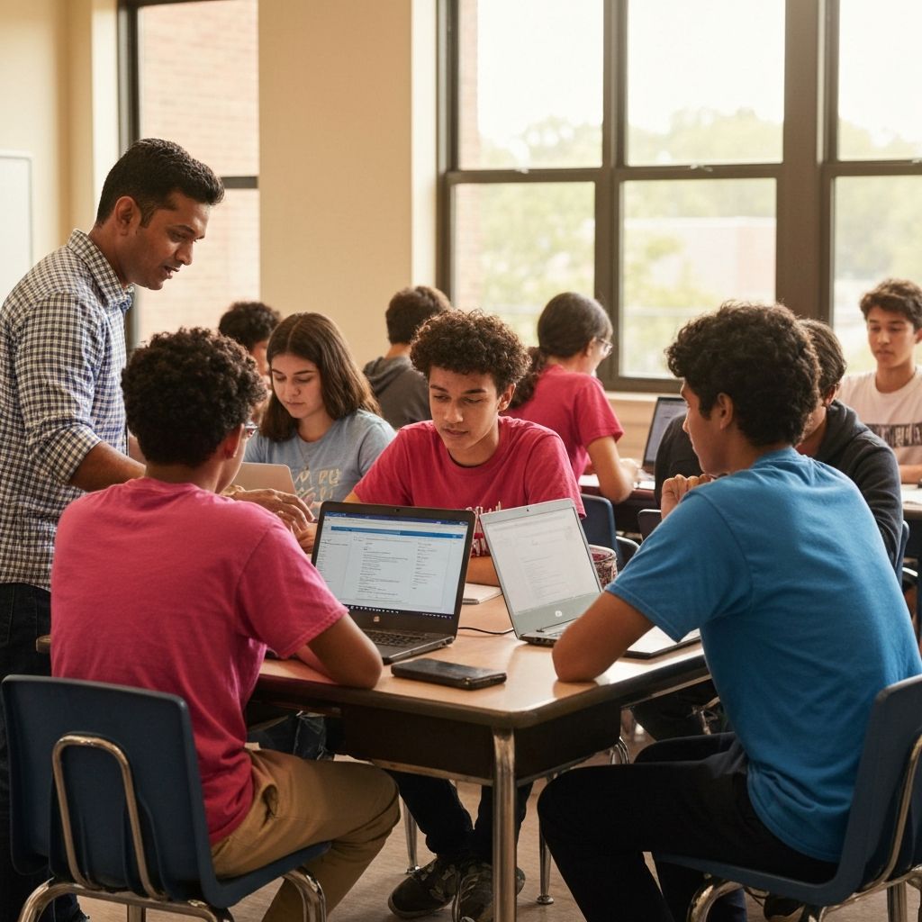 Teacher helping students in a modern classroom
