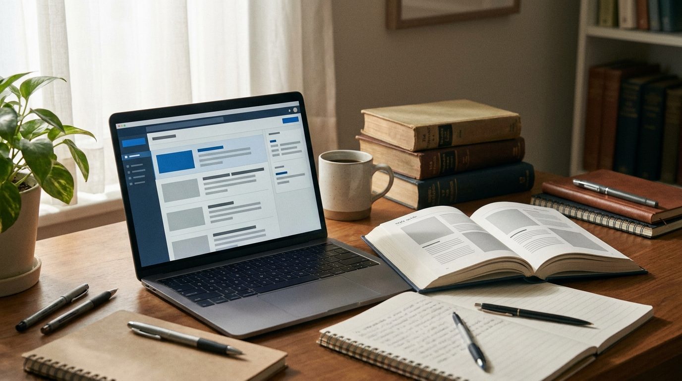 Student desk with style guide, laptop, and reference books open for citation work