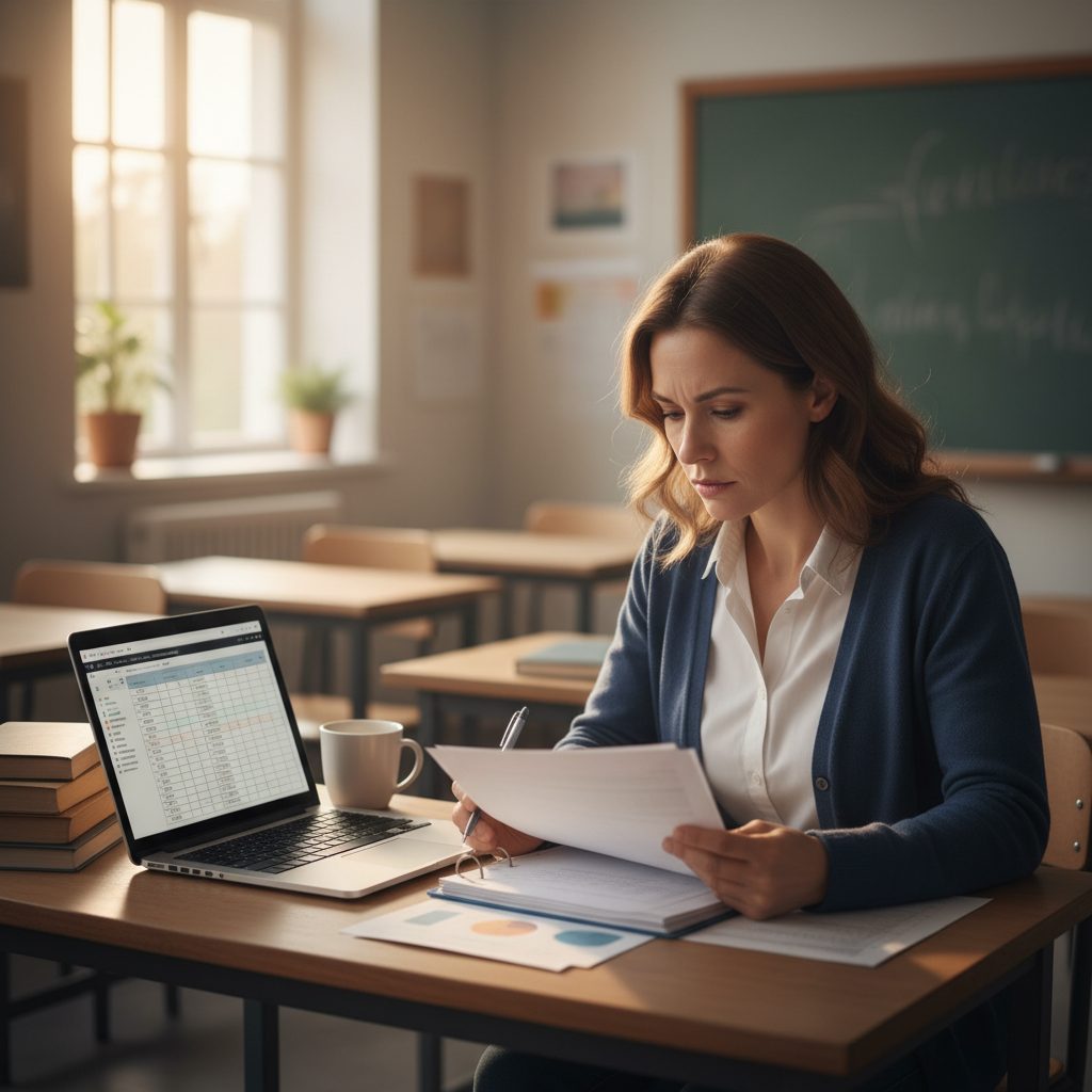 Teacher reviewing work in a classroom