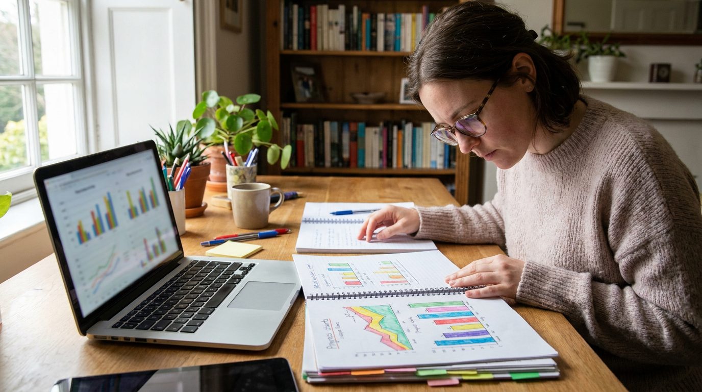 Teacher reviewing AI detector accuracy charts and student writing samples