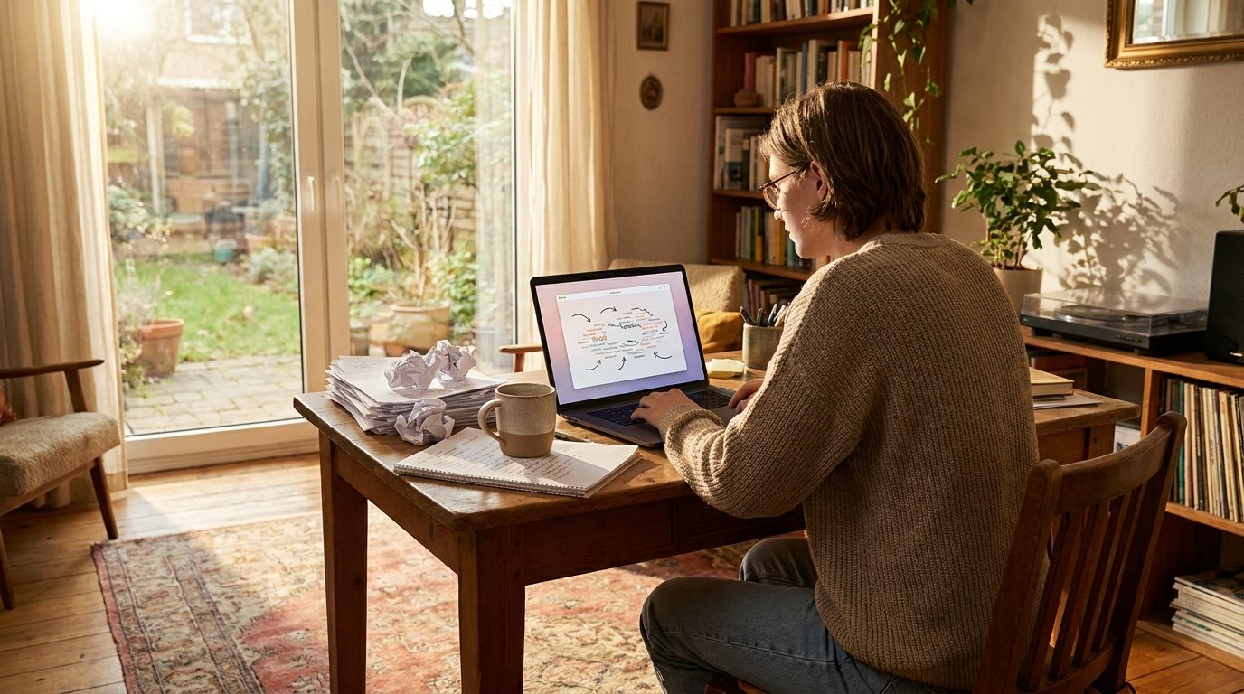 Young writer at a desk with laptop showing an abstract paraphrasing interface