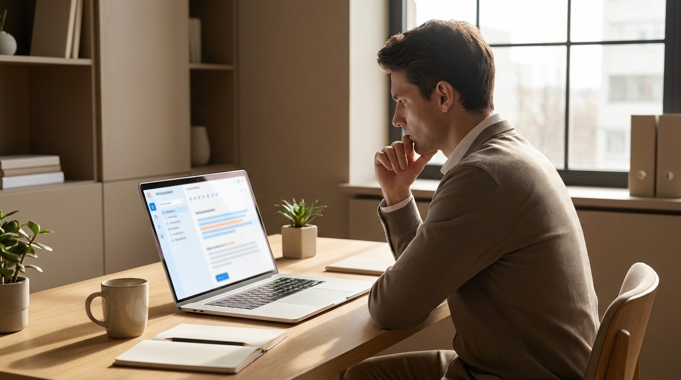 Business writer at a desk with laptop showing an abstract writing assistant dashboard