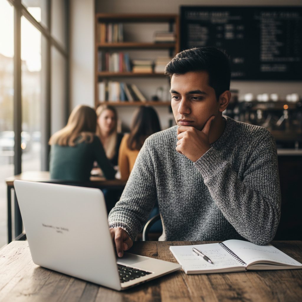 College student with a laptop and notebook at a coffee shop table