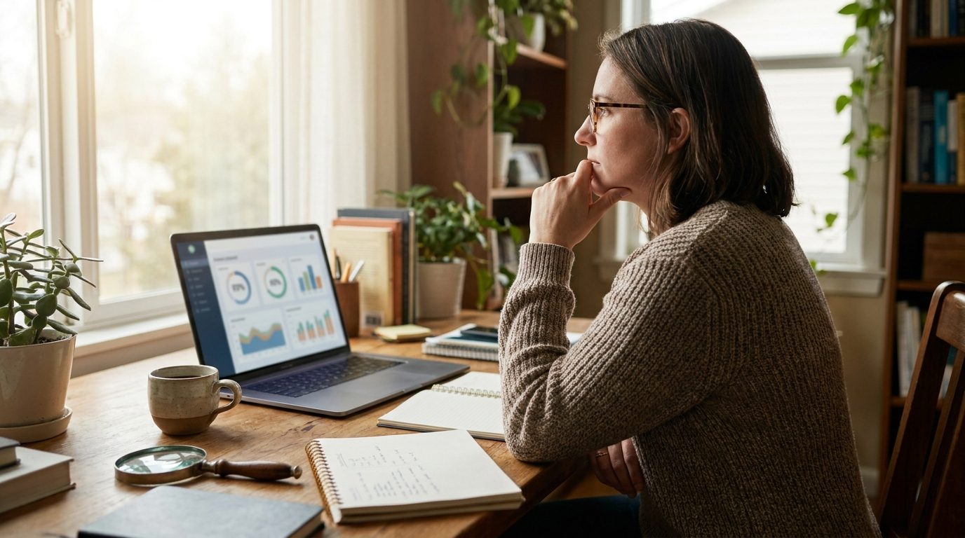 Teacher reviewing an AI detector percentage score on a laptop with a magnifying glass nearby