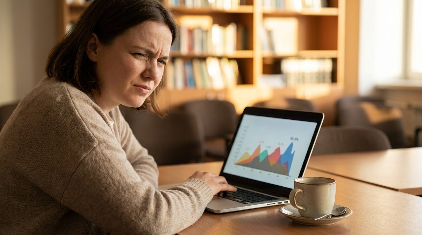 Teacher squinting at an AI detector probability score on a laptop