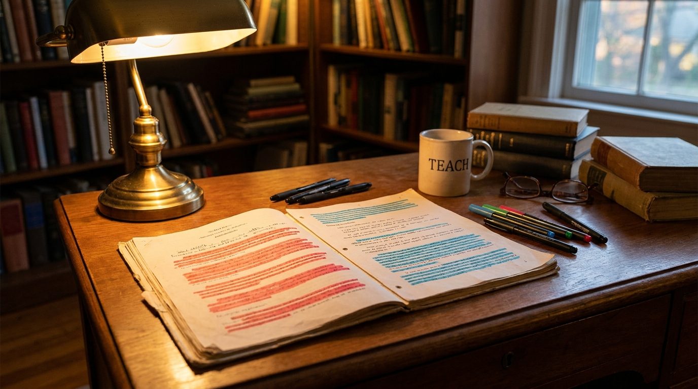 Teacher's desk with two side-by-side reports showing different highlight patterns