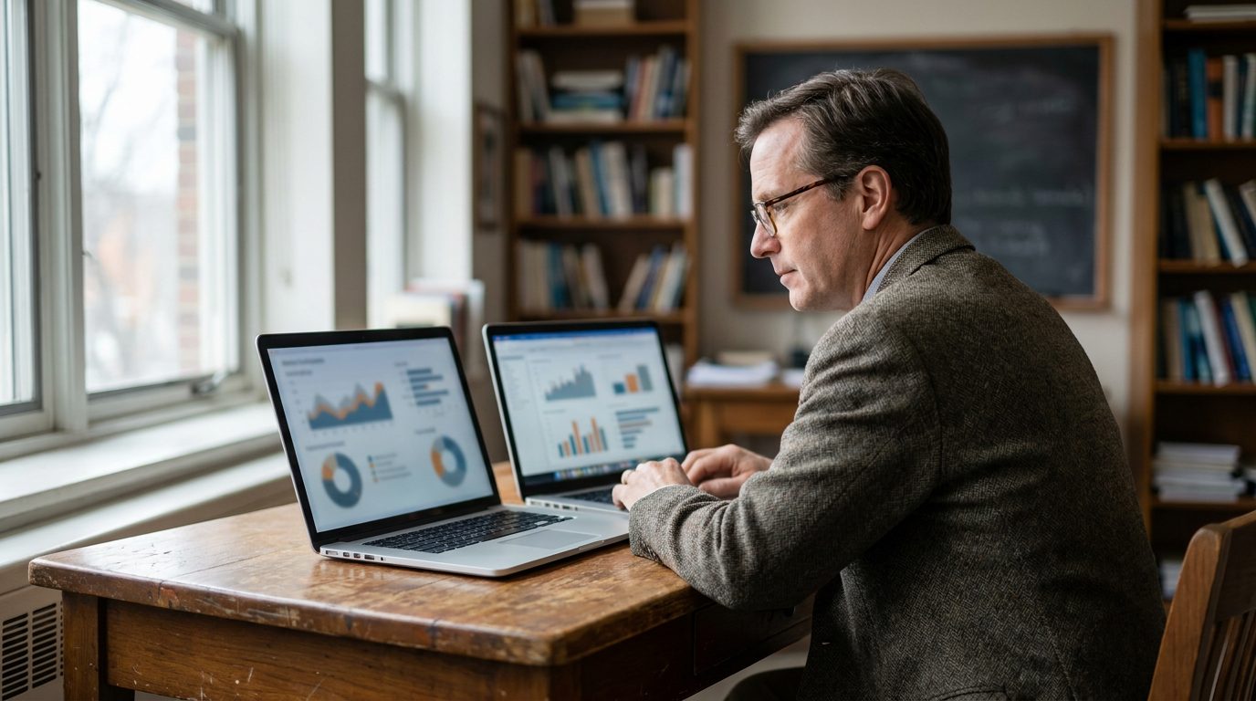 Teacher comparing AI detection tools on a laptop at a wooden desk
