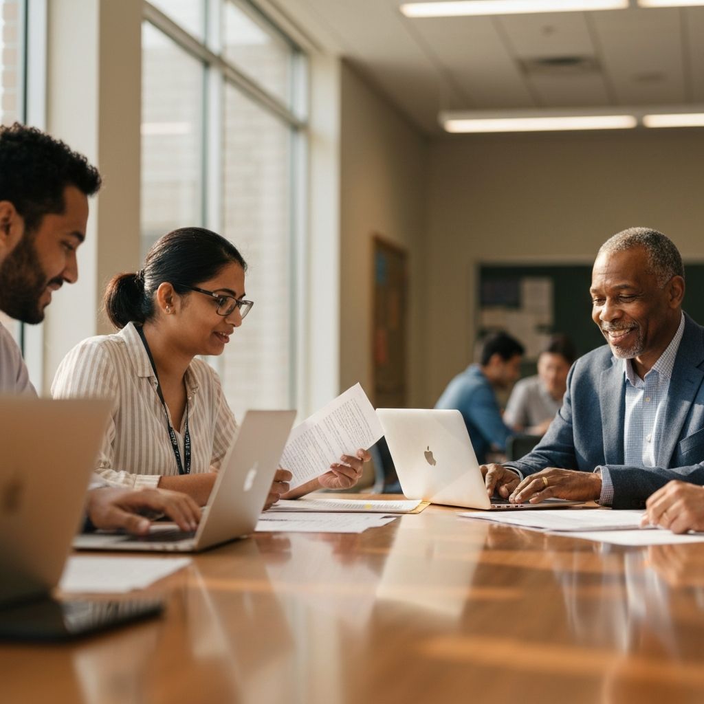 Teachers collaborating in a meeting, discussing education strategies