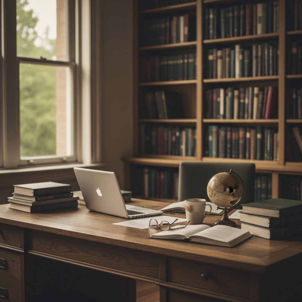Library workspace with books and a laptop