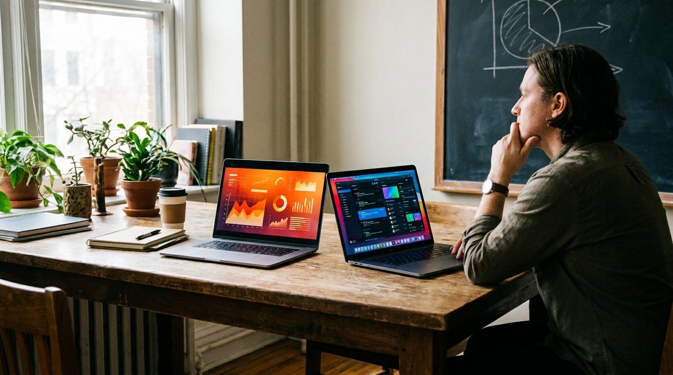 Two laptops side by side on a wooden desk showing different detector interfaces
