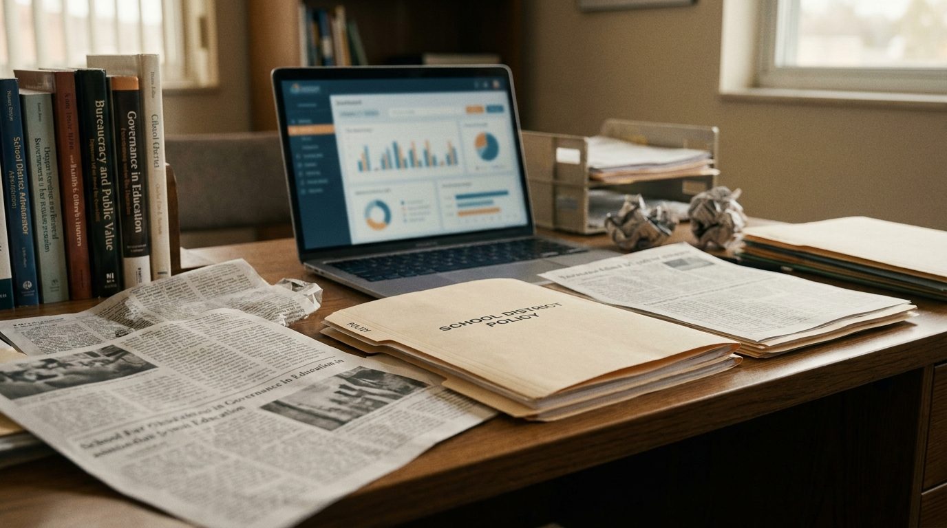 School district administrator's desk with policy folders